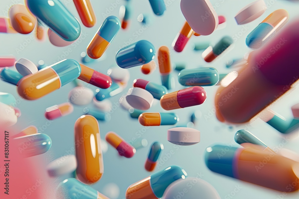 Multi-colored pills fall on top of each other on a light background 4K medicine pharmaceutical 3D rendering animation graphics futuristic design. real picture. Multi-colored pills fall on top of each other on a light background 4K medicine pharmaceutical 3D rendering animation graphics futuristic design. real picture.