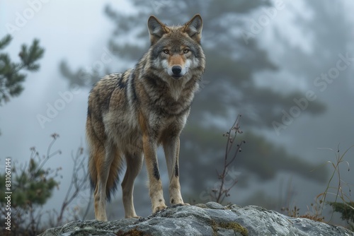 A wolf standing on a large rock near foggy tree tops
