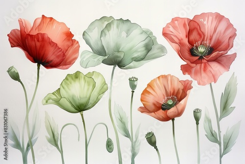 Digital image of  series of four watercolor poppy flowers, high quality, high resolution photo