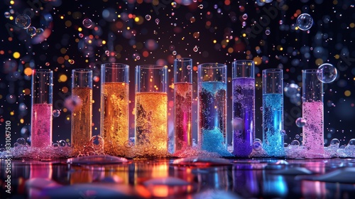 Detailed illustration of test tubes and beakers with vibrant chemical solutions, molecules floating around, isolated background, studio lighting