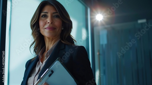 Happy 45 years old Latin professional middle aged business woman corporate leader happy mature female executive lady manager standing in office holding clipboard looking at camera port : Generative AI photo