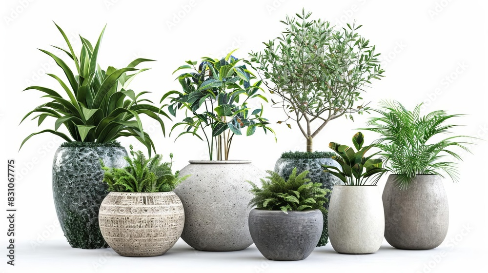 Fototapeta premium beautiful plants in ceramic pots isolated on white digital composition for architecture visualization