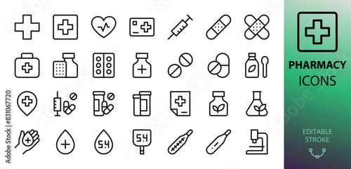 Pharmacy isolated icons set. Set of drugstore, heart pulse, syringe, medical patch, tablets and pills, cough syrup, prescription, glucose meter, thermometer, capsule, firs aid kit vector icon