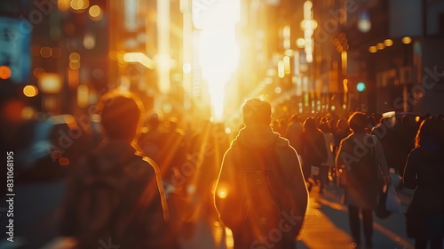 blurred crowd of anonymous people walking on busy city street at golden hour