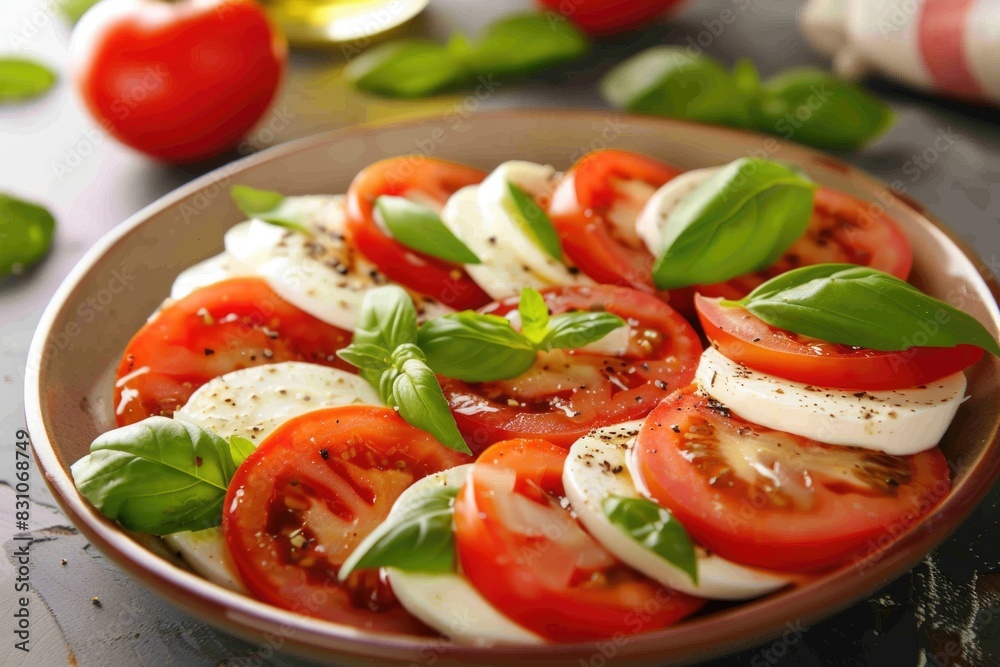 Fresh Caprese Salad with Tomatoes, Mozzarella, and Basil on White Plate Fresh Caprese Salad with Tomatoes, Mozzarella, and Basil on White Plate