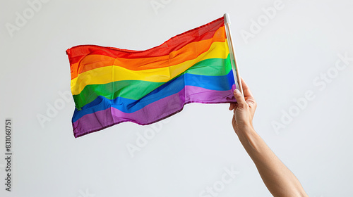 Hand Holding Rainbow LGBT Pride Flag Against Plain White Background Symbolizing Equality and Acceptance
