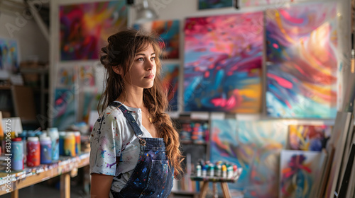 Young Female Artist in Studio Surrounded by Vibrant Abstract Paintings and Art Supplies