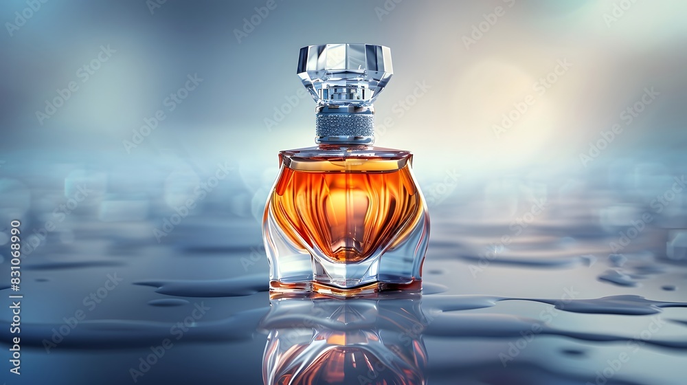 A bottle of perfume with an elegant and luxurious design, centered on the canvas against a soft blue background. representing the global business environment. A bottle of perfume with an elegant and luxurious design, centered on the canvas against a soft blue background. representing the global business environment.