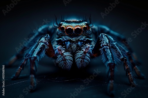 Close-up of a vivid blue tarantula spider against a dark background showing intricate details and vibrant colors. photo