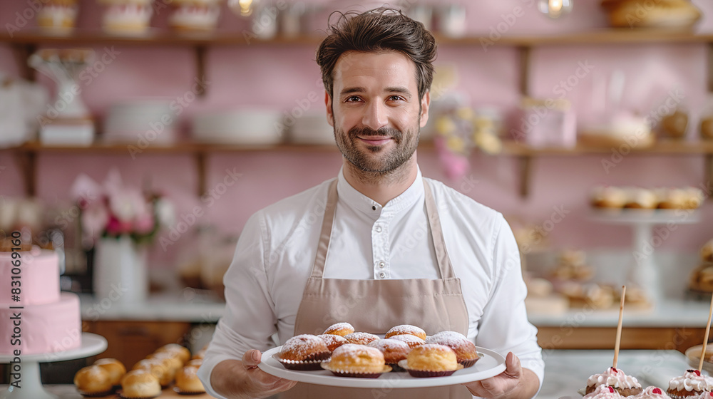 Male Baker in White Shirt and Apron Holding Freshly Baked Pastries in Bright Pink Bakery