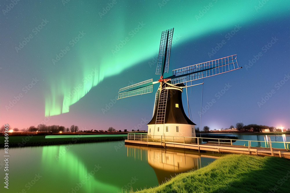 Fototapeta premium Windmill in the night sky covered in aurora borealis