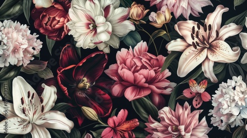 Fototapeta Naklejka Na Ścianę i Meble -  Vintage Baroque Floral Bouquet on Black Background with Peonies, Tulips, Lily, and Hydrangea - Elegant Botanical Illustration