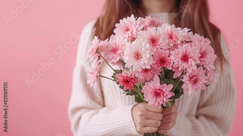 Celebrating International Women's Day: Young Woman Holding Pink Chrysanthemum Bouquet, Close-up on Colorful Background