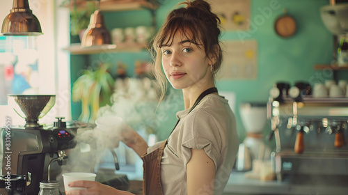 Young Barista Preparing Coffee in Cozy Green Café with Modern Equipment and Warm Lighting