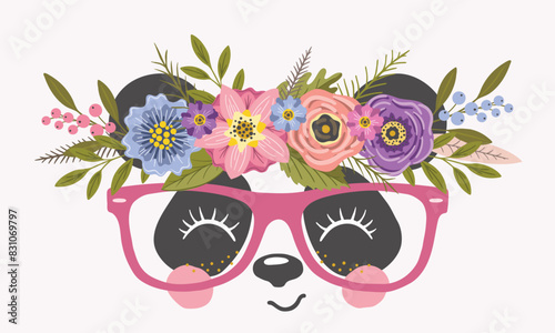 Panda face with floral wreath, glasses for t-shirt graphics, fashion prints and other uses