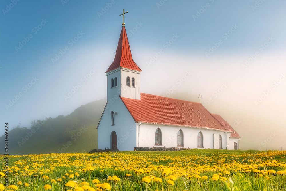 Church in the field of flowers
