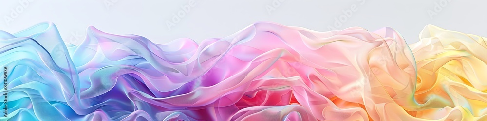 Fototapeta premium Gradient fabric in pastel colors, liquid glass, collected in layers, moves and shimmers on a light background. Abstract animation of rainbow colors in the shape of a flower.