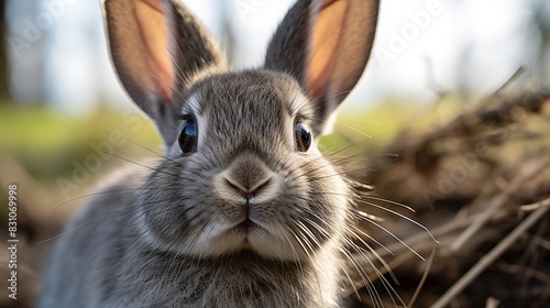 Close-up of an adorable gray rabbit with expressive eyes and big ears  sitting on a natural background  perfect for springtime themes.