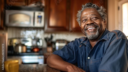 Portrait of a happy middle-aged black man leaning against a kitchen counter  looking away  smiling  and contemplating.