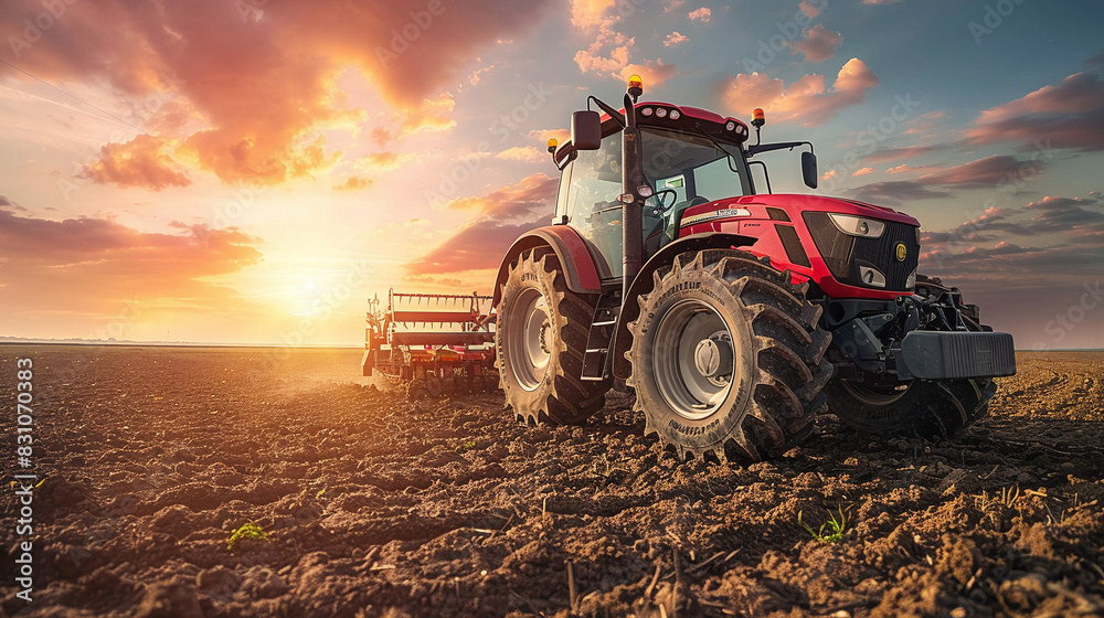 Fototapeta premium Red Tractor Plowing Field at Sunset Agriculture Farming Landscape with Dramatic Sky