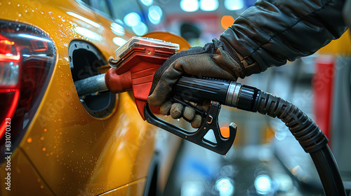 Closeup of Hand Fueling Bright Yellow Car with Gasoline Pump at Gas Station During Nighttime