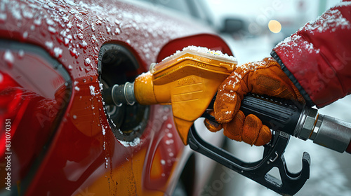 Refueling Red Car in Winter Snowy Conditions with Yellow Gas Pump and Gloved Hand