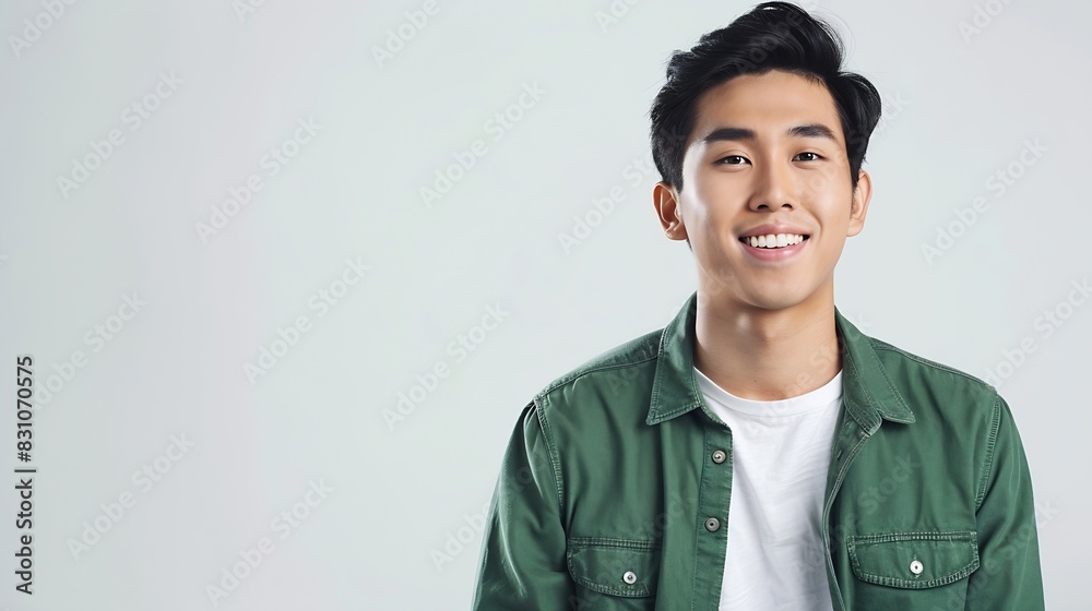 Collection full length handsome asian man lifestyle in green casual outfit on isolated white background Young Asian man happy smile in studio Business online concept : Generative AI Collection full length handsome asian man lifestyle in green casual outfit on isolated white background Young Asian man happy smile in studio Business online concept : Generative AI