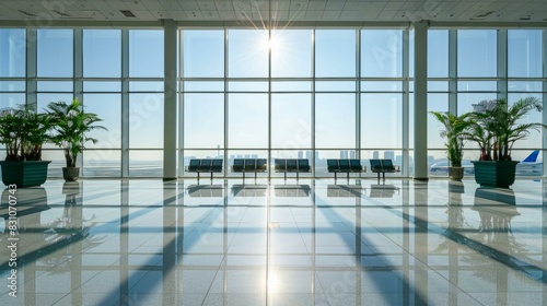 Spacious airport terminal with large glass windows  sun shining  empty seats  green potted plants  calm atmosphere  modern architecture. Copy space.