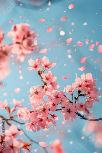 Image of cherry blossom petals fluttering in the clear blue sky