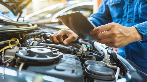 Experienced mechanic using tablet for car engine maintenance and repair in well-equipped garage