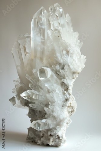 A stunning, large-scale white crystal quartz cluster standing against a plain background photo