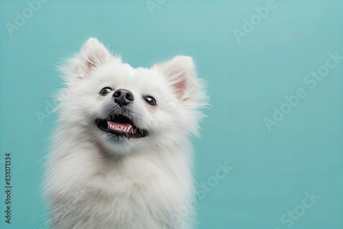 Digital image of white fluffy dog smiling on a blue background shotgun obpfm photo