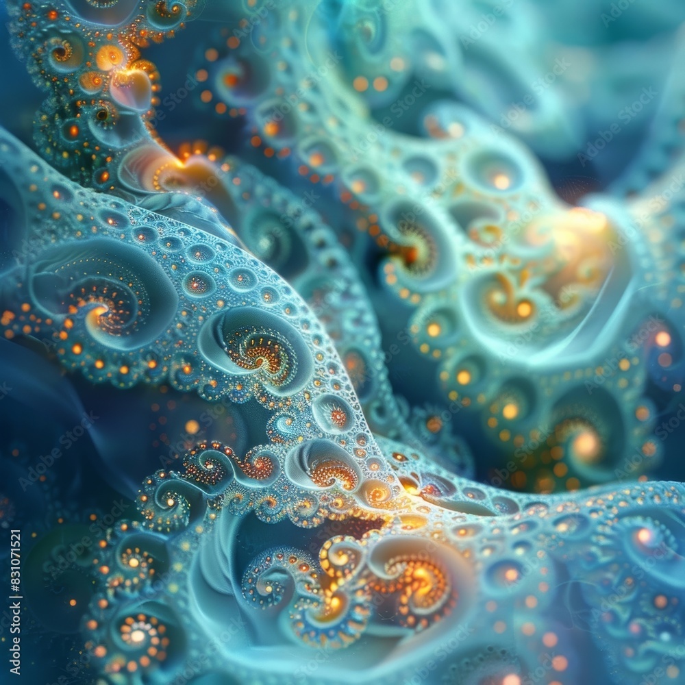 Intricate designs and illumination set against a backdrop of blue and teal hues. Intricate designs and illumination set against a backdrop of blue and teal hues.