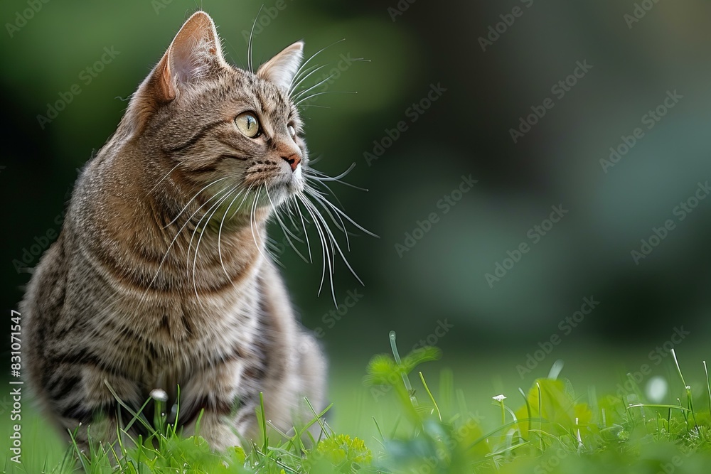 Grey shorthair cat in standing posture looking to the side