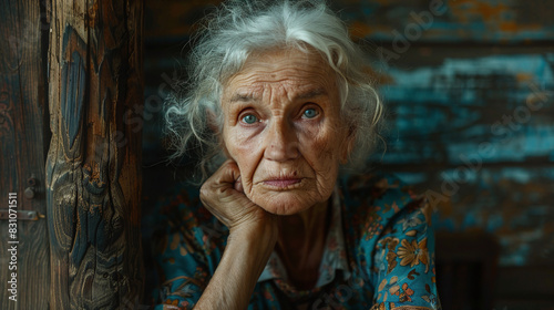 Elderly Woman with White Hair Pensive Expression in Rustic Wooden Cabin Background