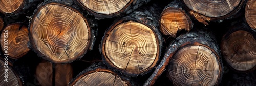 A close-up image showcasing the texture and patterns of stacked tree logs with visible annual rings