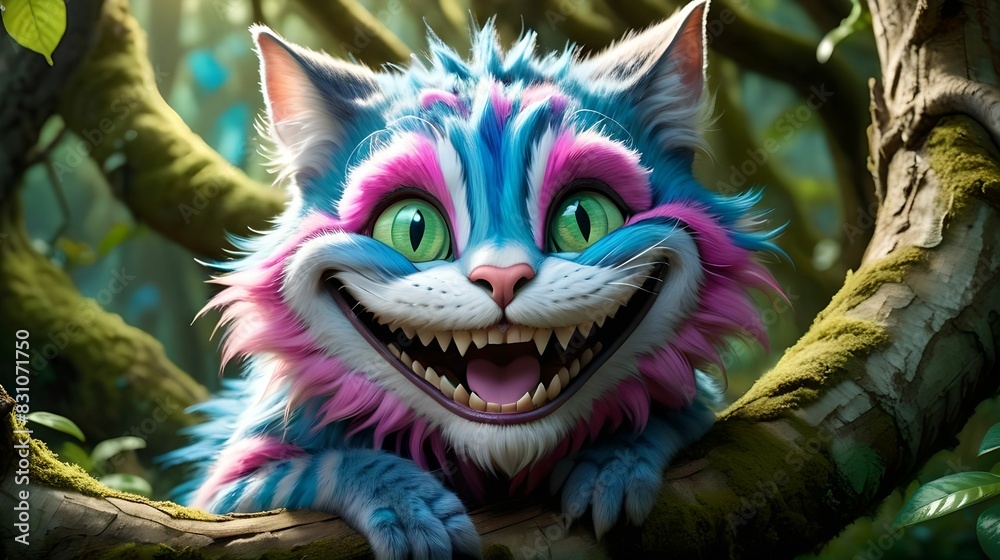 Cheshire Cat from Alice's Adventures in Wonderland, anthropomorphic cat, wide toothy grin, big green eyes, pink and and blue fur, sitting on a tree branch in the enchanted forest.