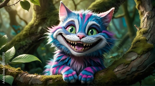 Cheshire Cat from Alice s Adventures in Wonderland  anthropomorphic cat  wide toothy grin  big green eyes  pink and and blue fur  sitting on a tree branch in the enchanted forest.