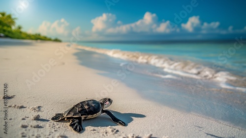Little sea turtle on the sandy beach, tropical beach landscape