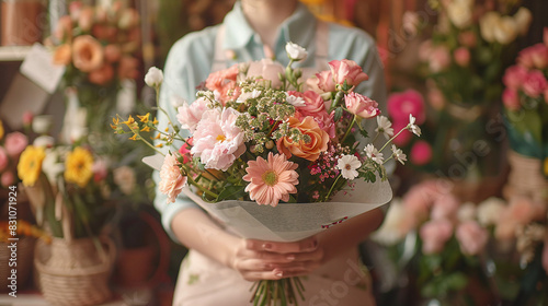 Bouquet of Fresh Spring Flowers Held by Woman in Blue Shirt Inside Cozy Flower Shop Background