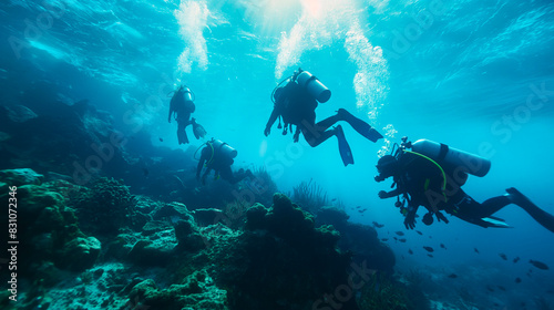 divers in a bright underwater reef with fish and corals © mirifadapt