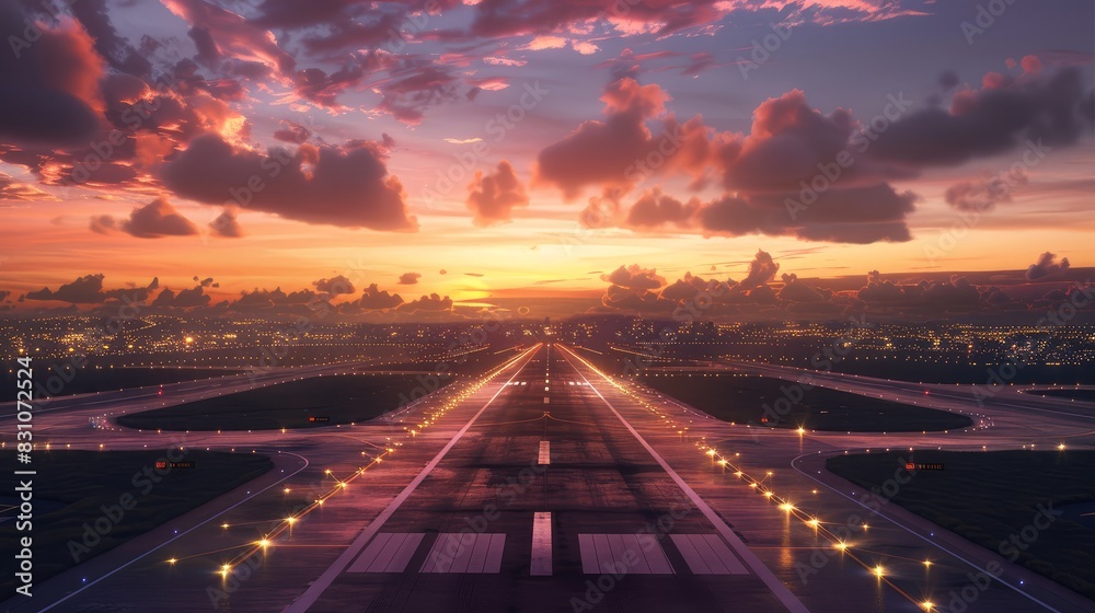 An airport runway lit by the evening sunset, ready for planes to land or take off An airport runway lit by the evening sunset, ready for planes to land or take off
