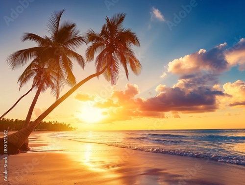Beautiful sunrise over the tropical beach, beach with palm trees