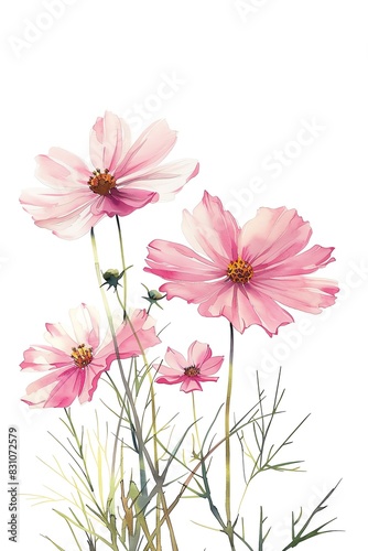 Delicate Cosmos with dainty, pink petals, Watercolor Floral Border, watercolor illustration, isolated on white background © Kin no Hikari