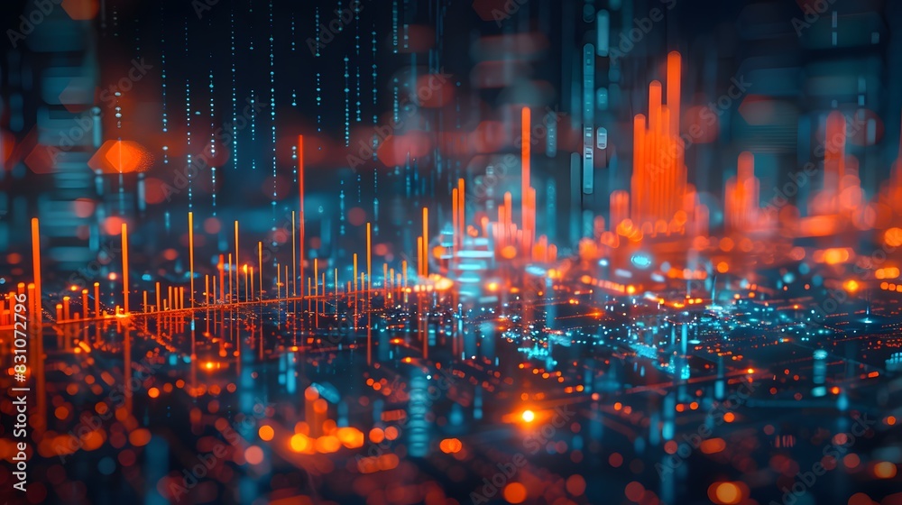 Fototapeta premium A financial graph with an orange and blue color scheme, showcasing stock market trends on an abstract background.