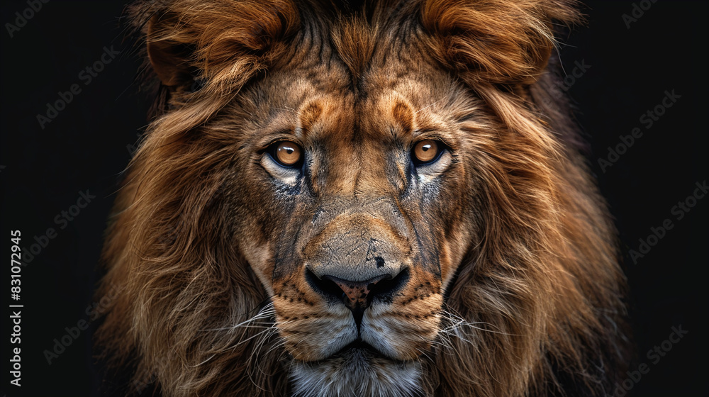 Portrait of Majestic Lion with Intense Gaze and Lush Mane against Dark Background