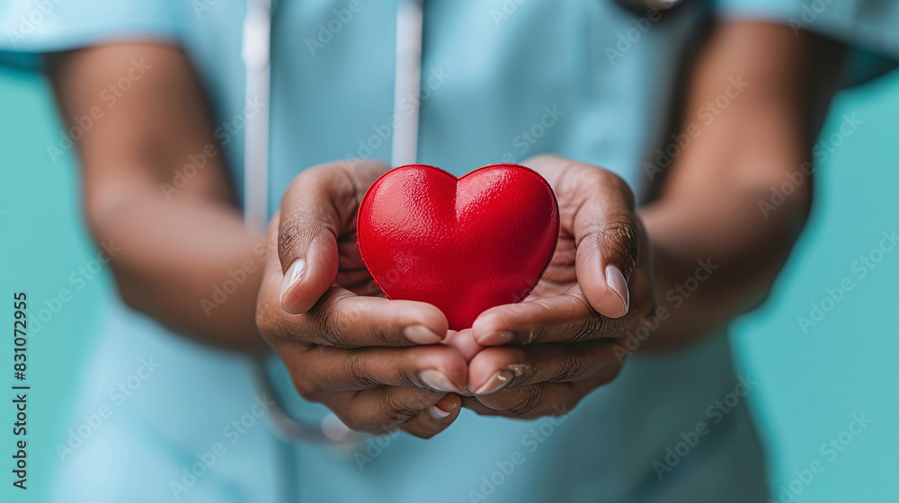 Nurse Holding Red Heart Symbol Healthcare Compassion Medical Professional Background Teal Nurse Holding Red Heart Symbol Healthcare Compassion Medical Professional Background Teal