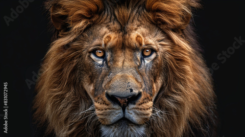 Portrait of Majestic Lion with Intense Gaze and Lush Mane against Dark Background