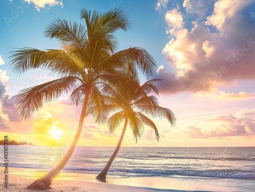 Beautiful sunrise over the tropical beach  beach with palm trees