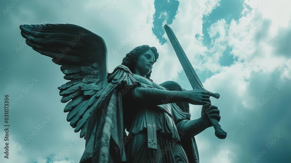 dramatic low angle view of archangel michael statue holding a sword ...